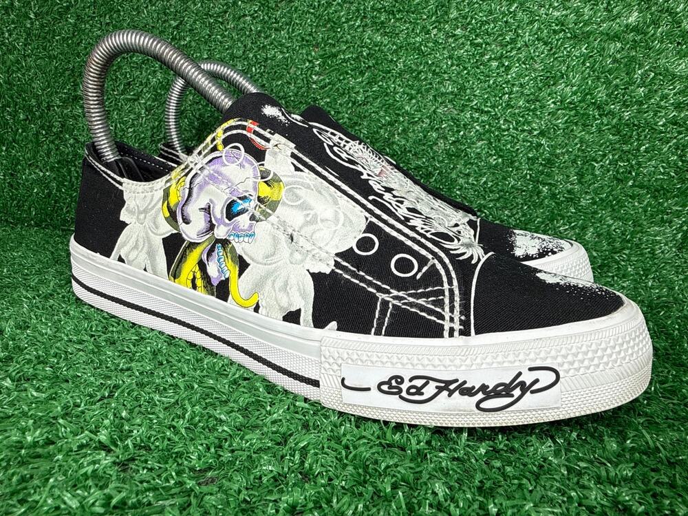 VTG Ed Hardy Christian Audigier Black Tiger Skull Laceless Sneakers Shoes Sz 7